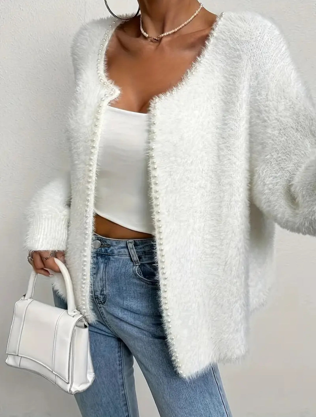 Damen Flauschiger Cardigan mit Perlknöpfen und lässigem Schnitt Heidi-Mode