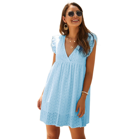 Heidi-Mode | Leichte Babydoll-Ärmel V-Ausschnitt Sommer Mini Kleid