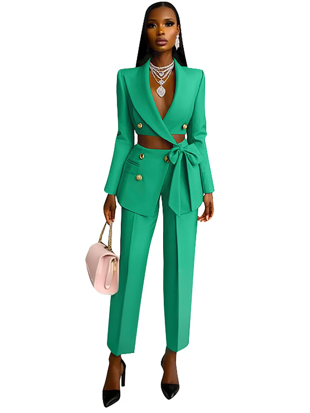 Damen Blazer Set mit hoch geschnittenem Oberteil und originellen Knöpfen Heidi-Mode