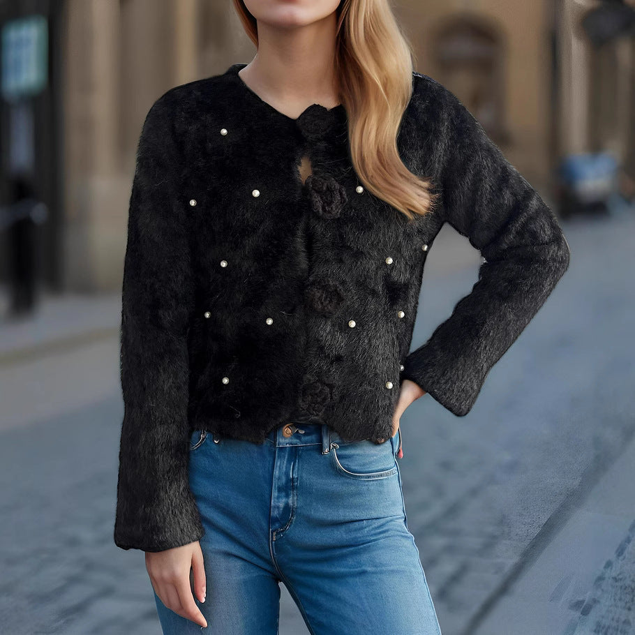 Damen Strickjacke mit floralen Applikationen und perlverzierter Detail Heidi-Mode