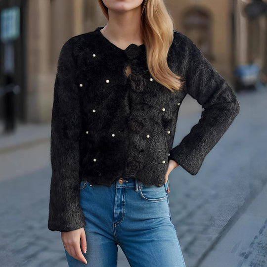 Damen Strickjacke mit floralen Applikationen und perlverzierter Detail Heidi-Mode