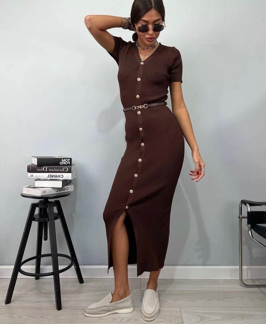 Damen Midi-Kleid mit strukturiertem Rippdesign und Knopfleiste Heidi-Mode