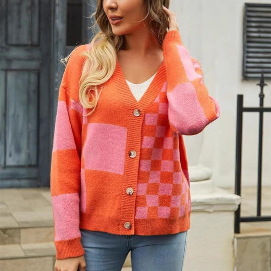 Damen modischer V-Ausschnitt Cardigan mit Karomuster Heidi-Mode