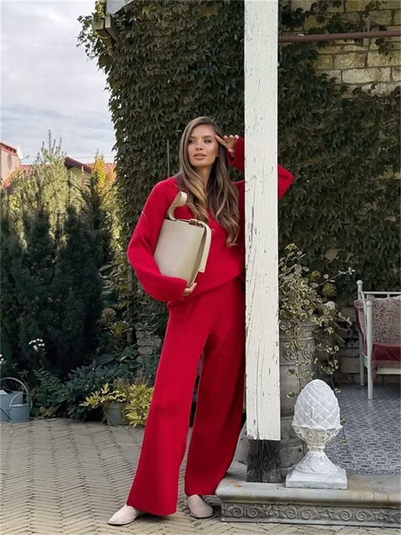 Damen gemütliches Strick-Loungewear-Set mit Kapuze und weitem Bein Heidi-Mode