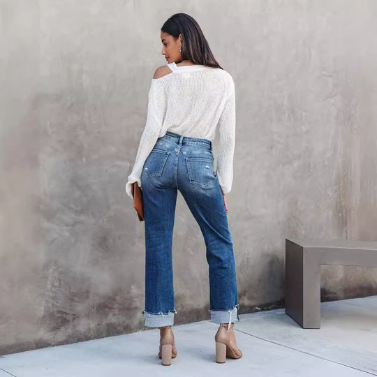 Damen lässige Flared Jeans mit modischen Fransen und hohem Bund Heidi-Mode