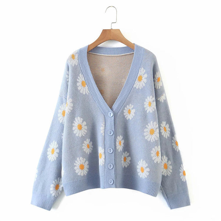Damen Strickjacke mit Blumenmuster und V-Ausschnitt Heidi-Mode