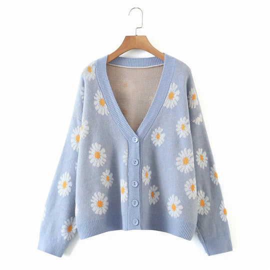Damen Strickjacke mit Blumenmuster und V-Ausschnitt Heidi-Mode