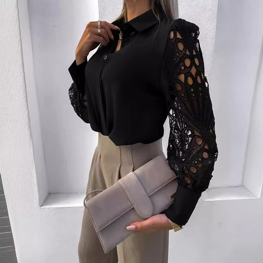 Damen Elegante Bluse mit kunstvollen Spitzenärmeln Heidi-Mode