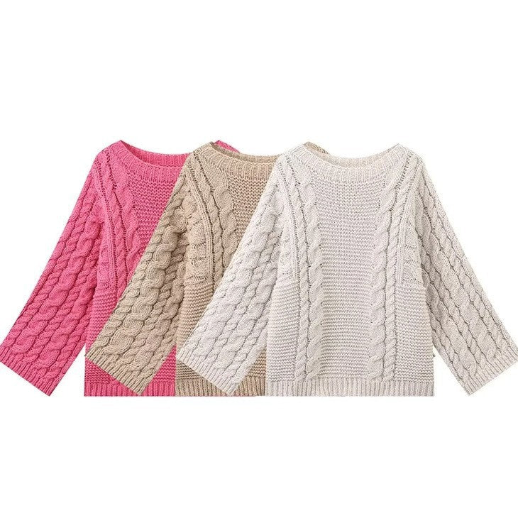Damen Strickpullover mit voluminösen Ärmeln und strukturiertem Zopfmuster Heidi-Mode