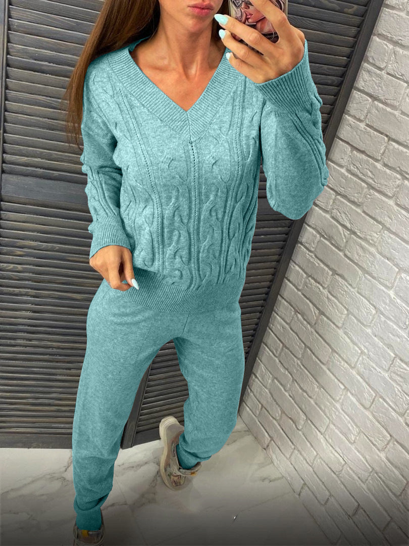 Damen Strickpullover und Jogginghose Set mit Zopfmuster Heidi-Mode