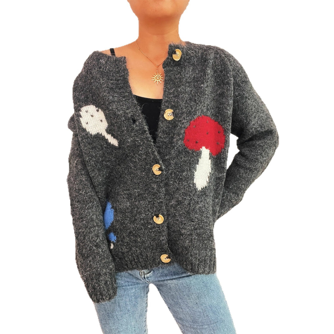 Damen Strickjacke mit buntem Pilzmotiv und Knopfdetails Heidi-Mode