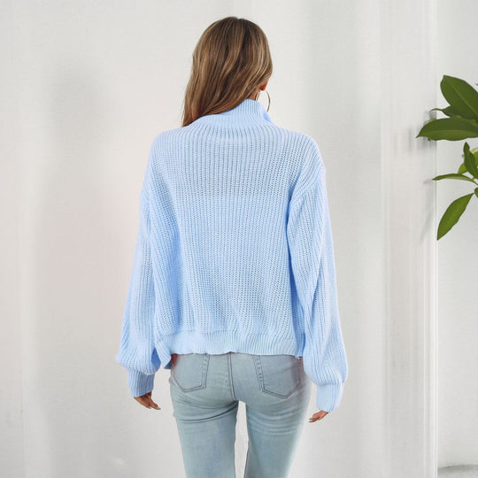 Damen lässiger Strickpulli mit hohem Kragen und Reißverschluss Heidi-Mode