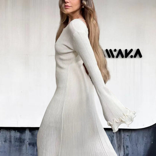 Damen Elegantes Maxikleid mit raffiniertem Rippdesign und fransigen Ärmeln Heidi-Mode