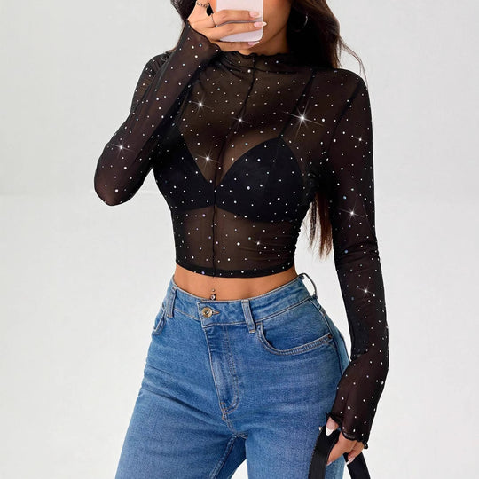 Damen Transparentes Oberteil mit Glitzer Heidi-Mode
