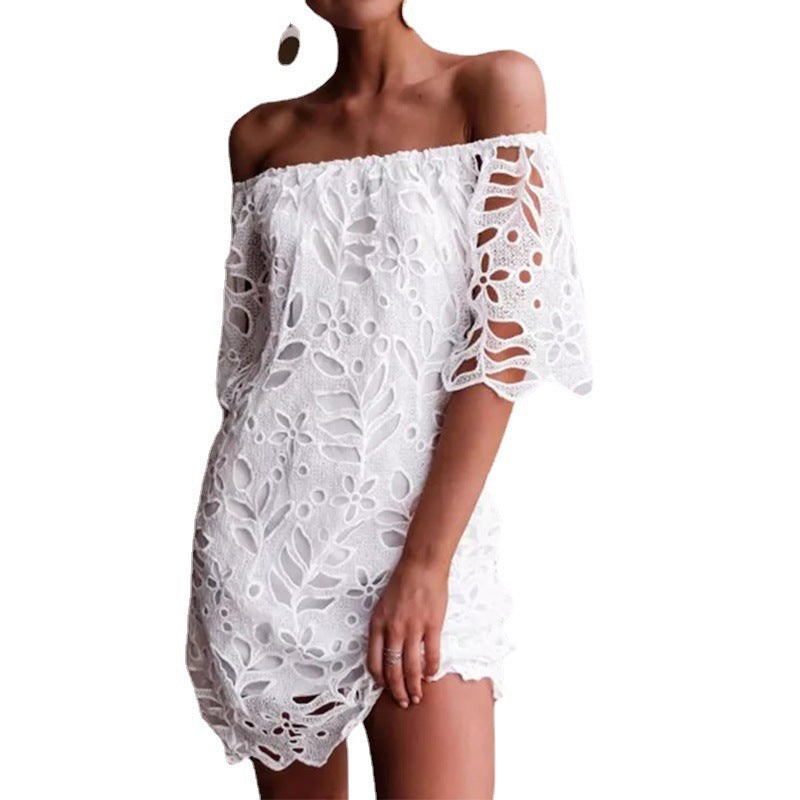 Damen Off-Shoulder Kleid mit floralen Cut-Outs und luftigen Ärmeln Heidi-Mode