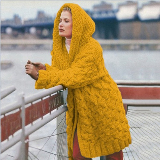 Damen oversized Grobstrickmantel mit Kapuze Heidi-Mode