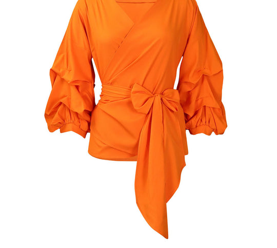 Damen Wickelbluse mit voluminösen Ärmeln und eleganter Schleifenbindung Heidi-Mode