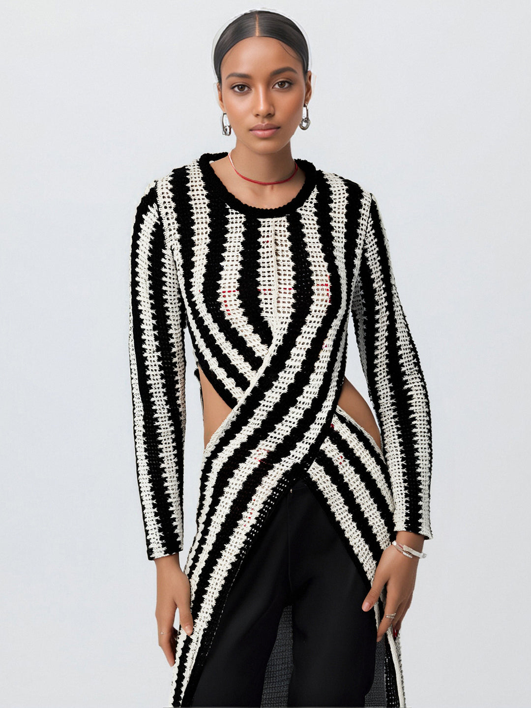 Damen Designer-Strickkleid mit asymmetrischem Schnitt und grafischem Muster Heidi-Mode