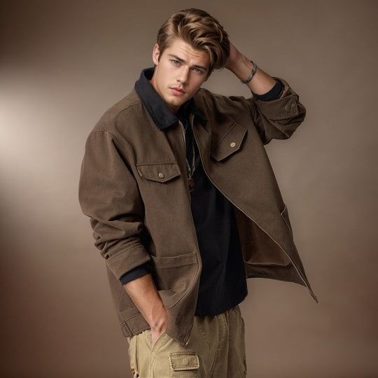 Herren Arbeitsjacke im robusten Look mit funktionalen Taschen und verstärktem Kragen Heidi-Mode