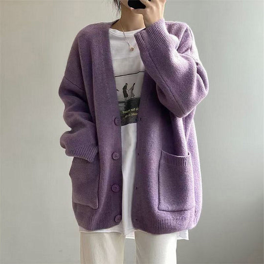 Damen Grob gestrickter Cardigan mit Taschen und V-Ausschnitt Heidi-Mode