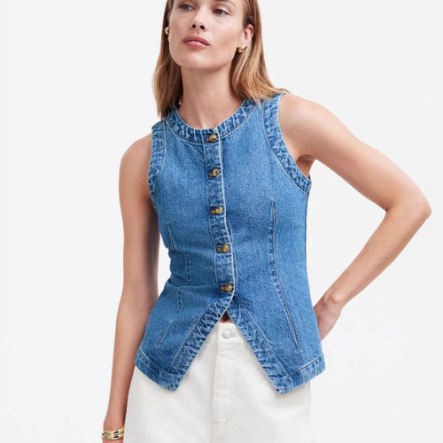 Damen Jeansweste mit Knopfleiste und seitlichen Eingrifftaschen Heidi-Mode