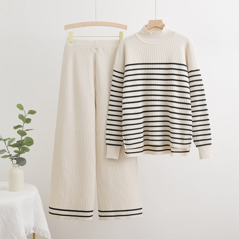 Damen gemütliches Strick-Loungewear-Set mit quer gestreiften Details Heidi-Mode