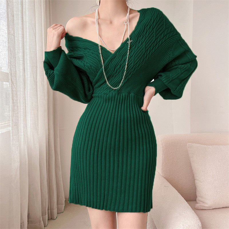 Damen Elegantes Strickkleid mit V-Ausschnitt und strukturiertem Oberteil Heidi-Mode