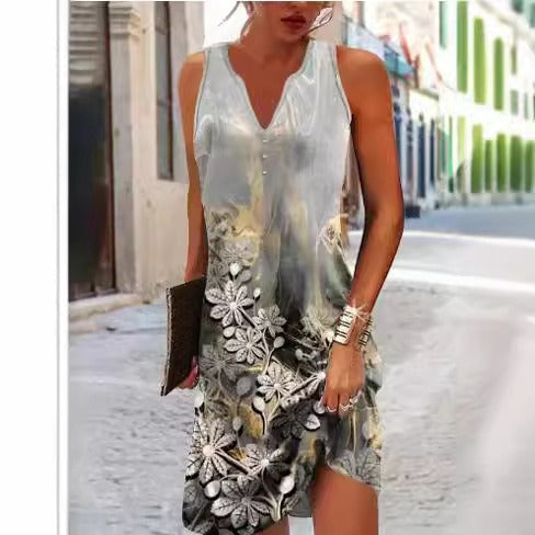 Damen, lässiges Sommerkleid mit V-Ausschnitt und asymmetrischem Saum Heidi-Mode