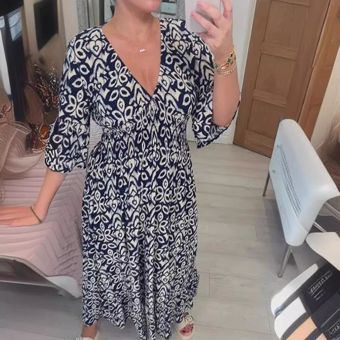 Damen Maxikleid mit schmeichelndem V-Ausschnitt und voluminösen Ärmeln Heidi-Mode