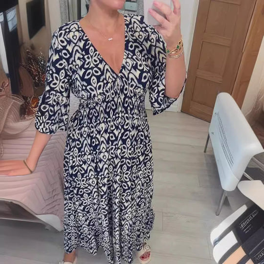 Damen Maxikleid mit schmeichelndem V-Ausschnitt und voluminösen Ärmeln Heidi-Mode