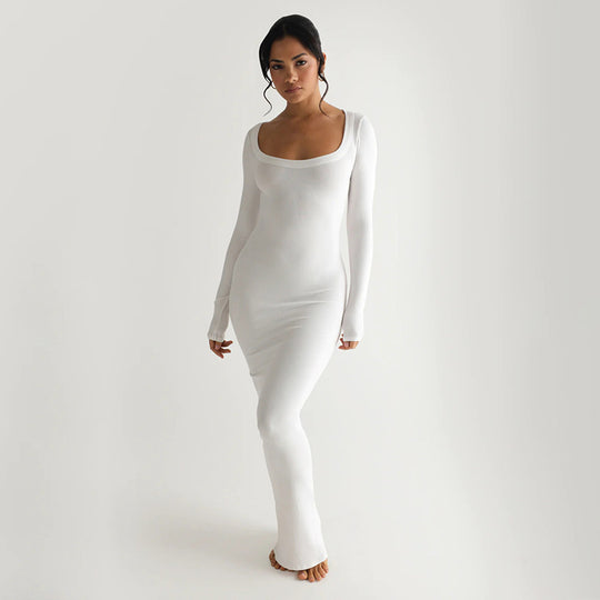 Damen Elegantes langes Kleid mit tiefem U-Ausschnitt und langen Ärmeln Heidi-Mode