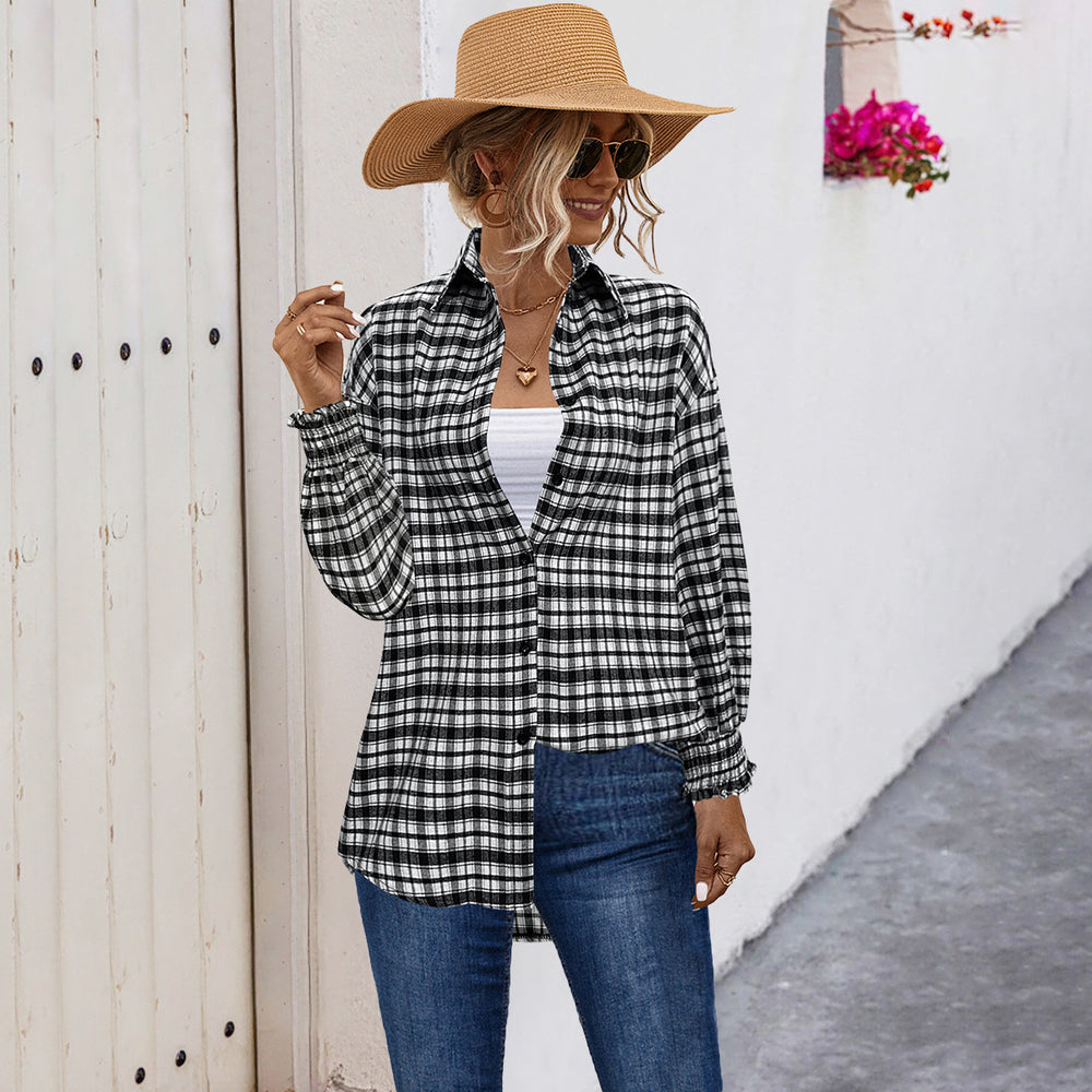 Damen Karobluse mit angeschnittenen Ärmeln und elastischen Ärmelsäumen Heidi-Mode