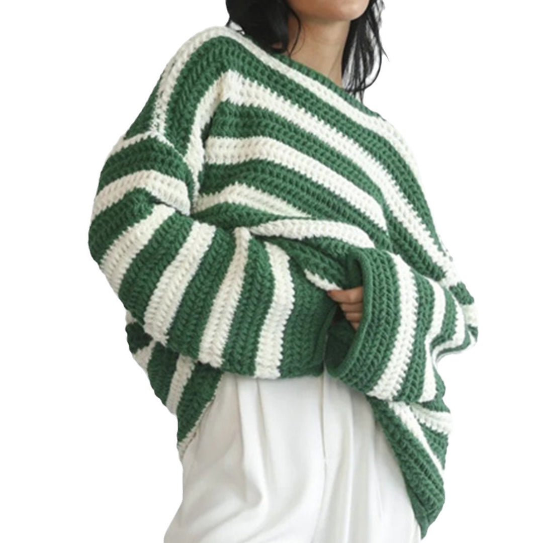 Damen gestreifter Grobstrickpullover mit lässigem Schnitt und weitem Arm Heidi-Mode