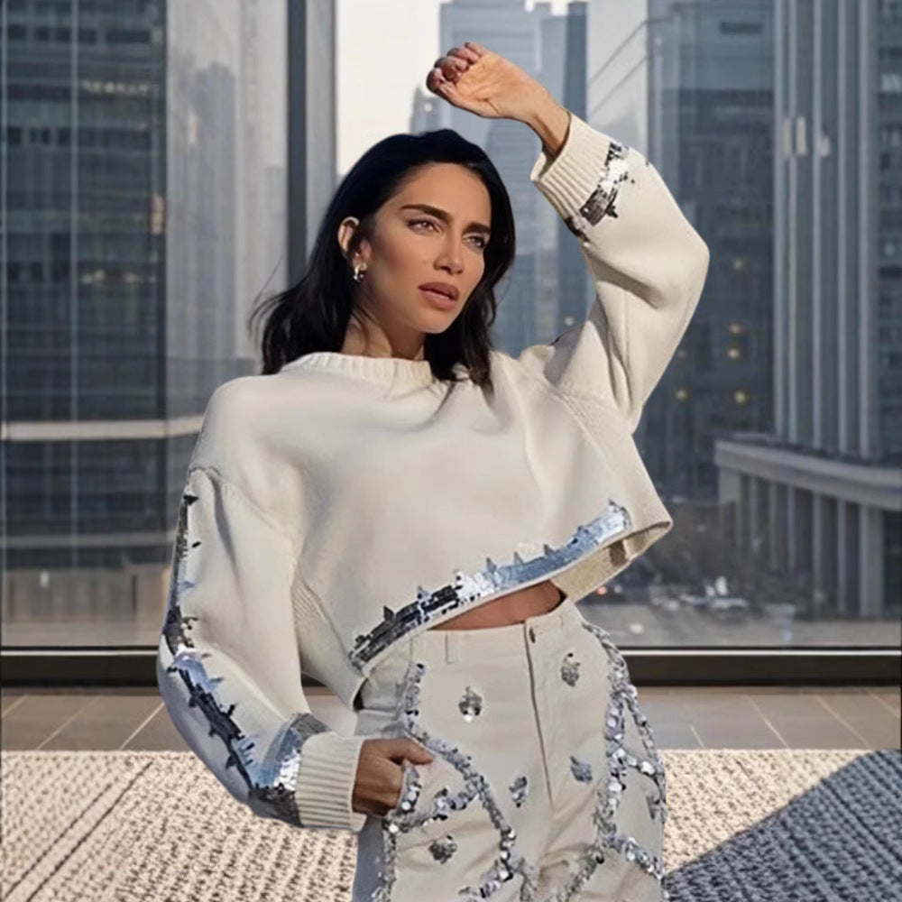 Damen modischer cropped Pullover mit Pailletten Heidi-Mode