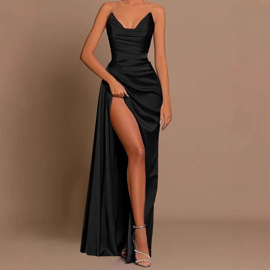 Damen Elegantes Langarm-Maxikleid mit drapierten Details und hohem Schlitz Heidi-Mode
