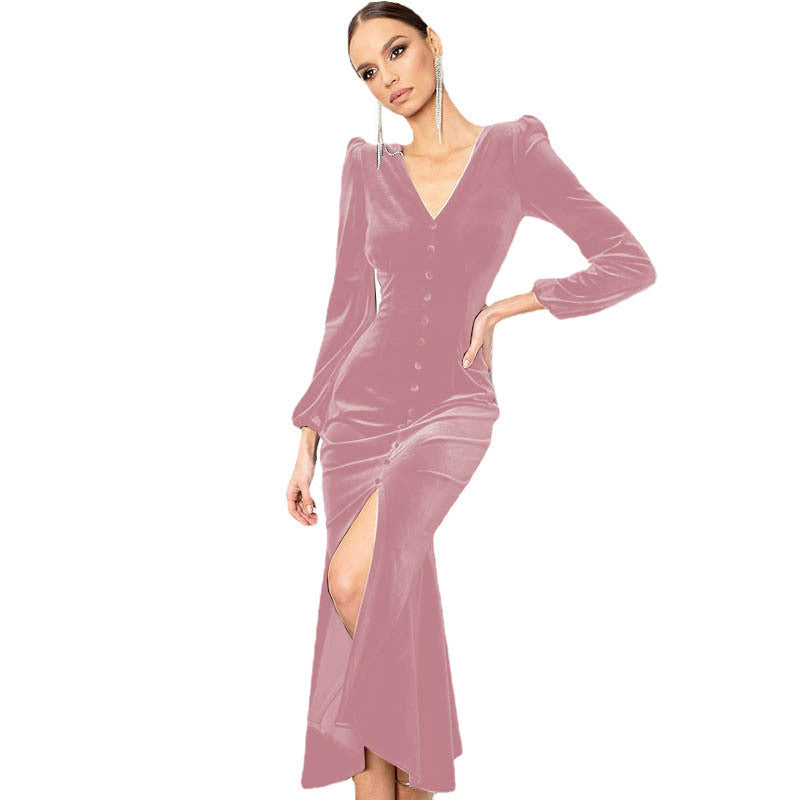 Damen Elegantes Samtkleid mit V-Ausschnitt und Puffärmeln Heidi-Mode