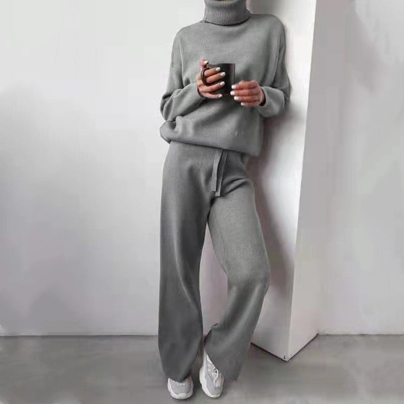 Damen elegantes Strick-Loungewear-Set mit hohem Kragen und weitem Bein Heidi-Mode