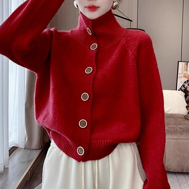Damen kuscheliger Hochkragen-Cardigan mit Knopfdetails Heidi-Mode