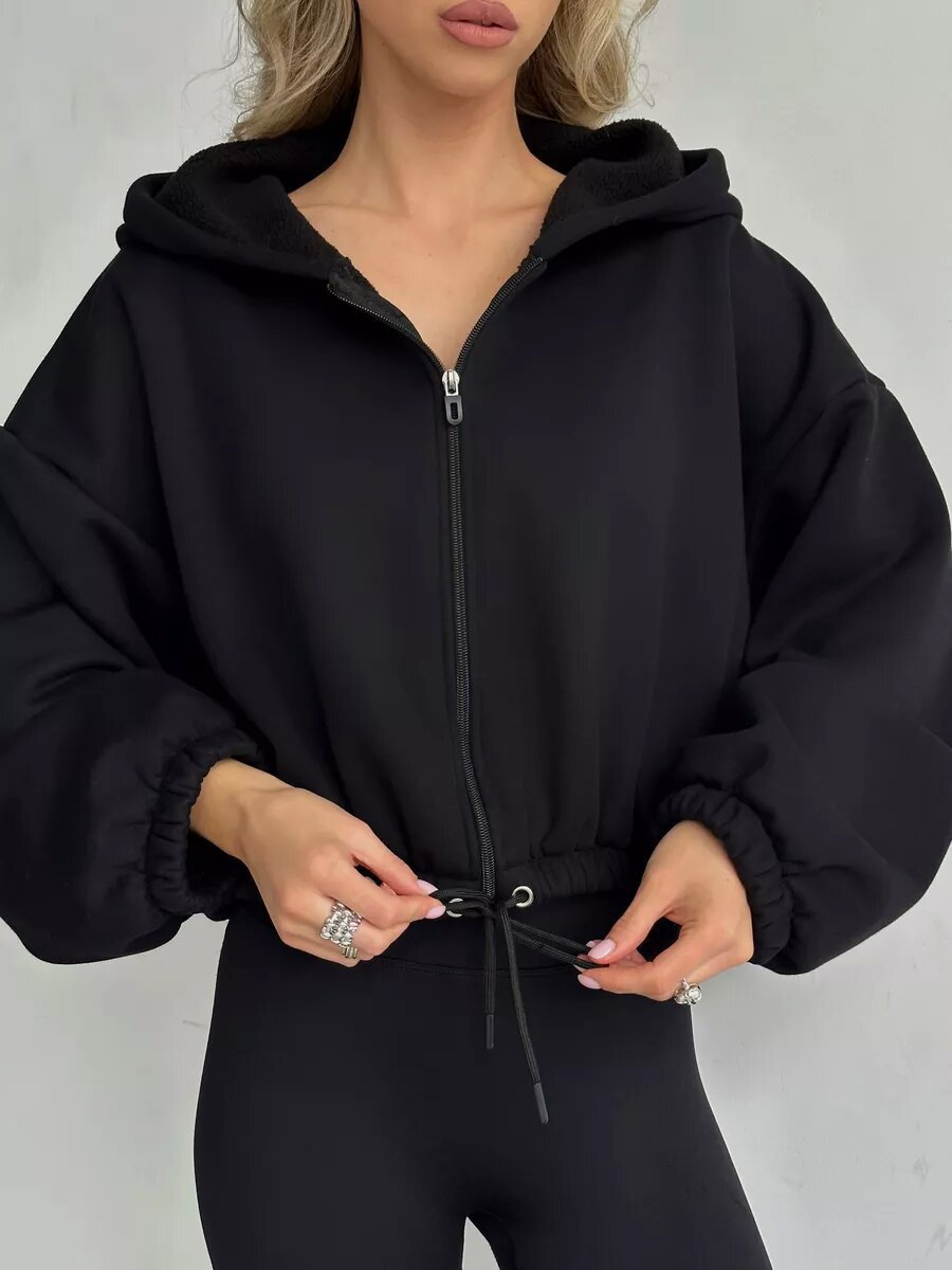 Damen cropped Kapuzenjacke mit stylischem Kordelzug Heidi-Mode