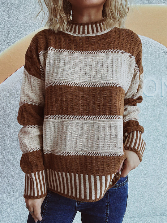 Damen lässiger Strickpullover mit modernem Streifenmuster und warmem Material Heidi-Mode