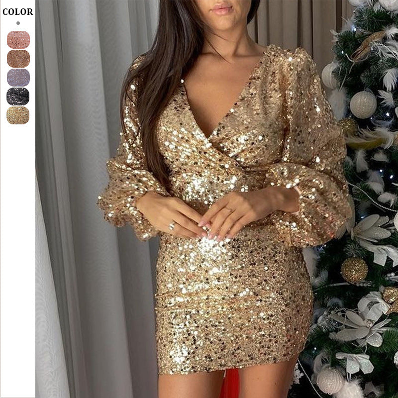 Damen Funkelndes Cocktailkleid mit voluminösen Ärmeln und glitzerndem Obermaterial Heidi-Mode