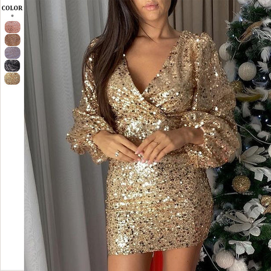 Damen Funkelndes Cocktailkleid mit voluminösen Ärmeln und glitzerndem Obermaterial Heidi-Mode