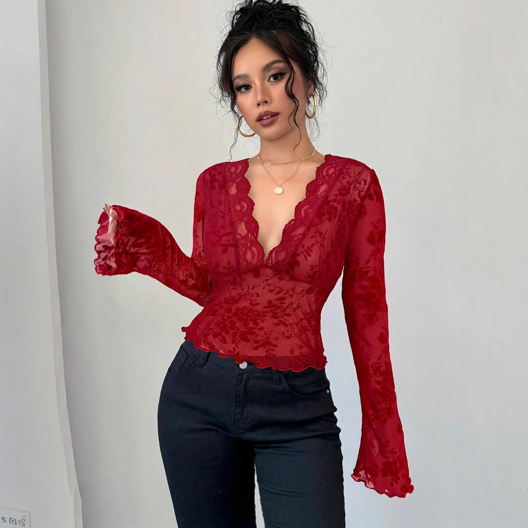 Damen Elegantes Spitzenoberteil mit tiefem V-Ausschnitt und Rüschendetails Heidi-Mode