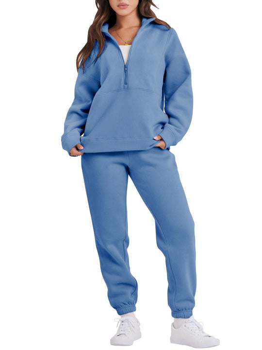 Damen Sportlicher Fleece-Jogginganzug mit halbem Reißverschluss Heidi-Mode