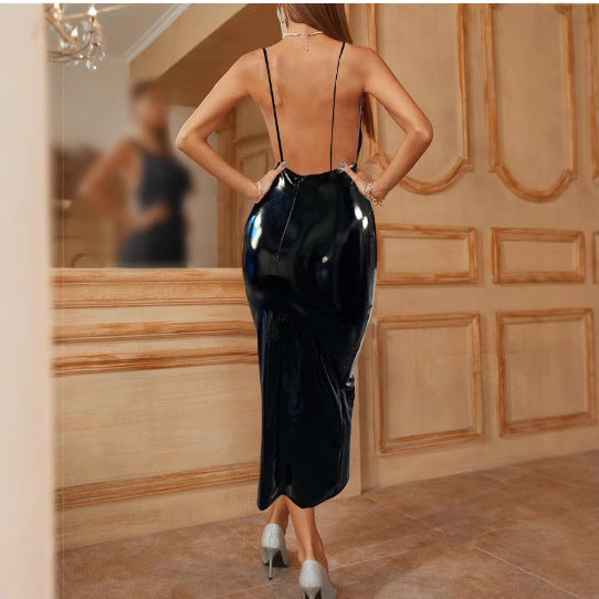 Damen Hochwetiges Lack-Midi-Kleid mit verführerischem V-Ausschnitt und Taillierung Heidi-Mode