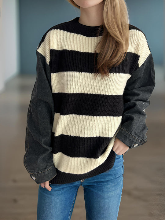 Damen lässiger Strickpullover mit auffälligem Blockstreifenmuster und weiten Ärmeln Heidi-Mode