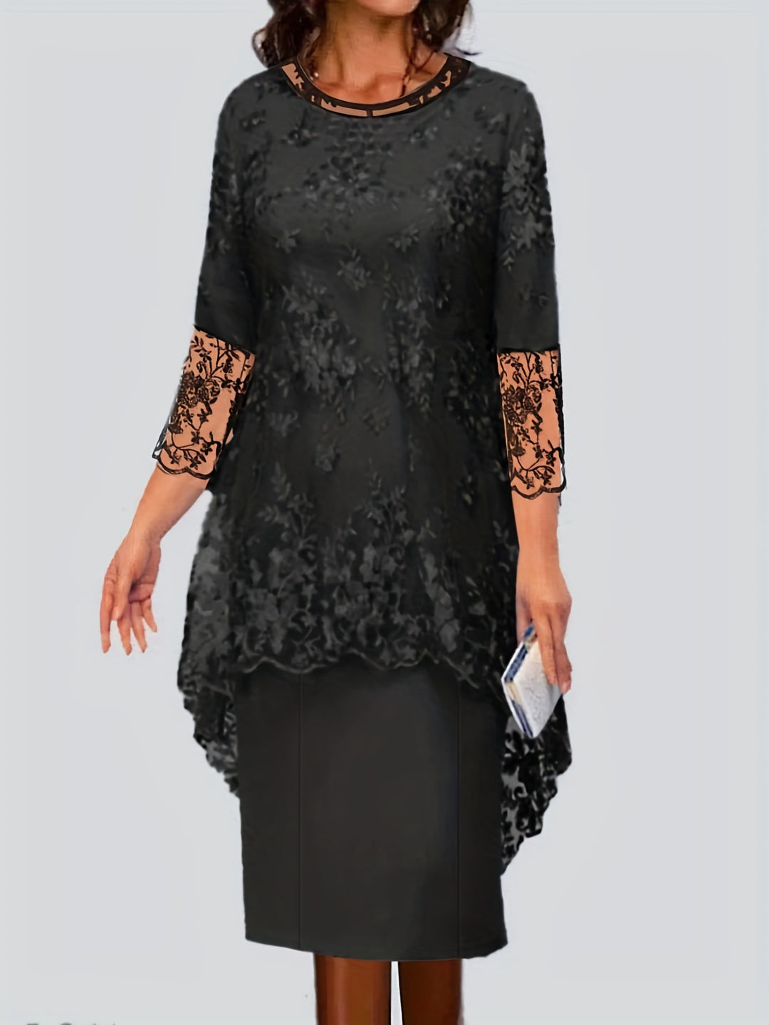 Damen Elegantes Blusen-Kleid mit floralen Spitze-Ärmeln und schwingendem Saum Heidi-Mode