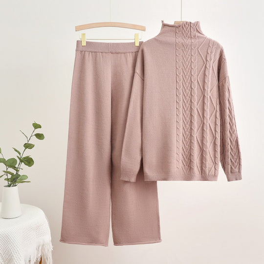 Damen gemütliches Strick-Loungewear-Set mit hochgeschlossenem Kragen Heidi-Mode