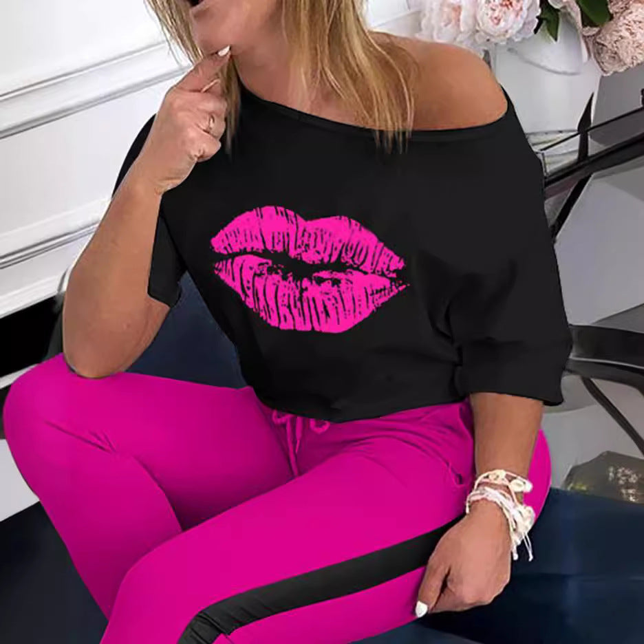 Damen Casual Grafik T-Shirt und Sport Leggings Set Heidi-Mode