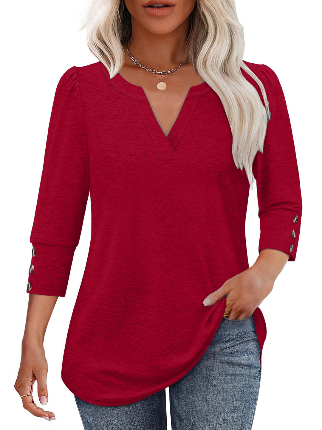 Damen V-Ausschnitt Bluse mit dekorativen Knopfdetails Heidi-Mode